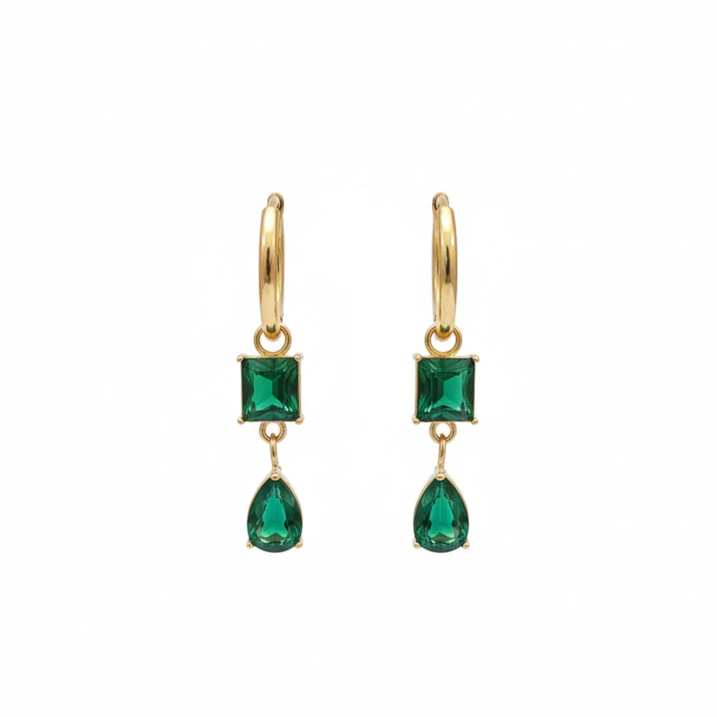 18K Gold Plated Green Zircon Square and Pear Double Drop Earrings - RACHIVA