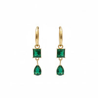 18K Gold Plated Green Zircon Square and Pear Double Drop Earrings - RACHIVA