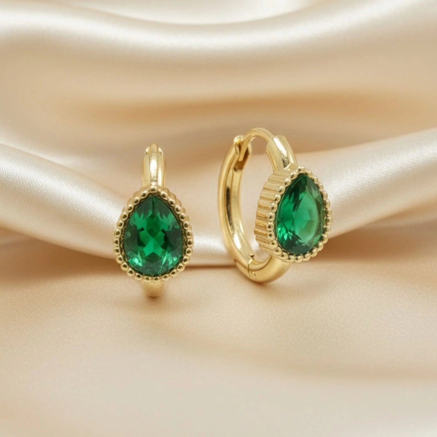 18K Gold Plated Green Zircon Pear Huggie Earrings - RACHIVA