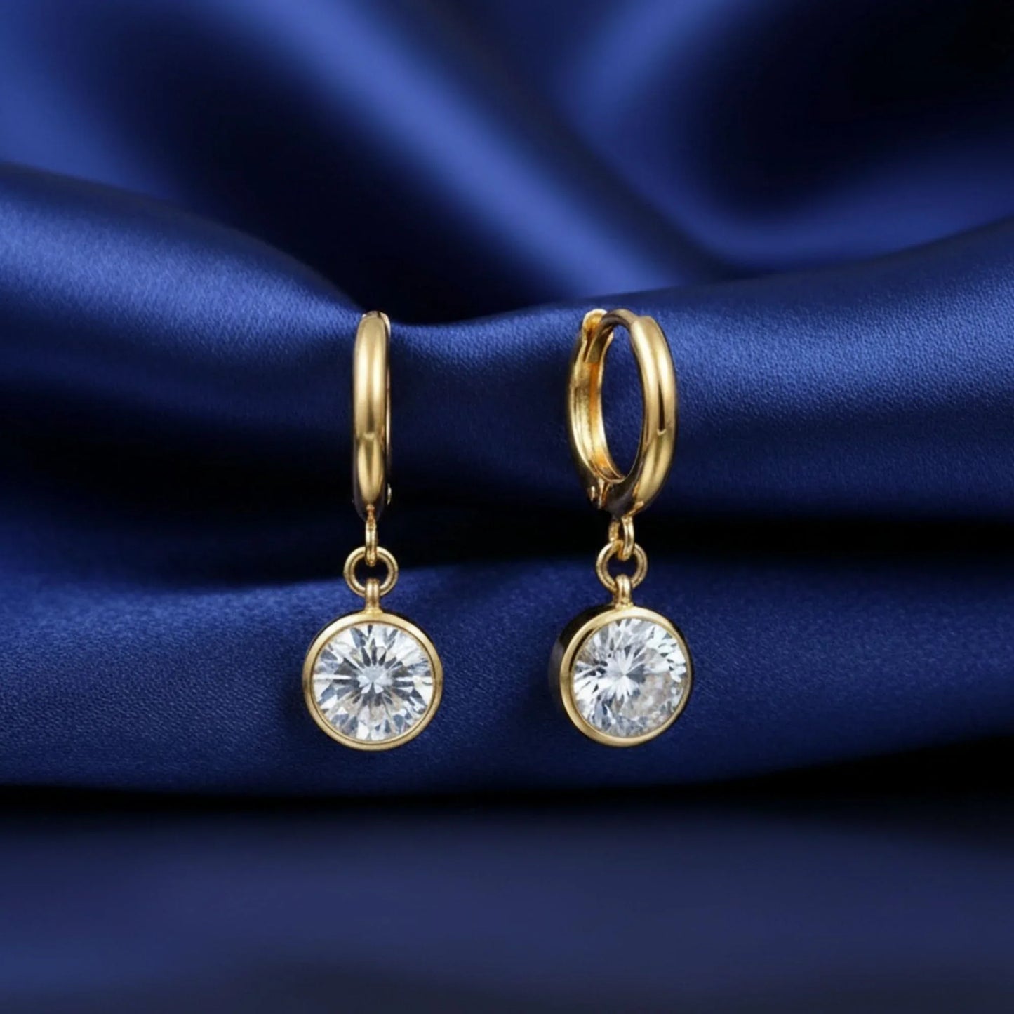 18K Gold Plated Round White Zircon Drop Huggie Earrings - RACHIVA