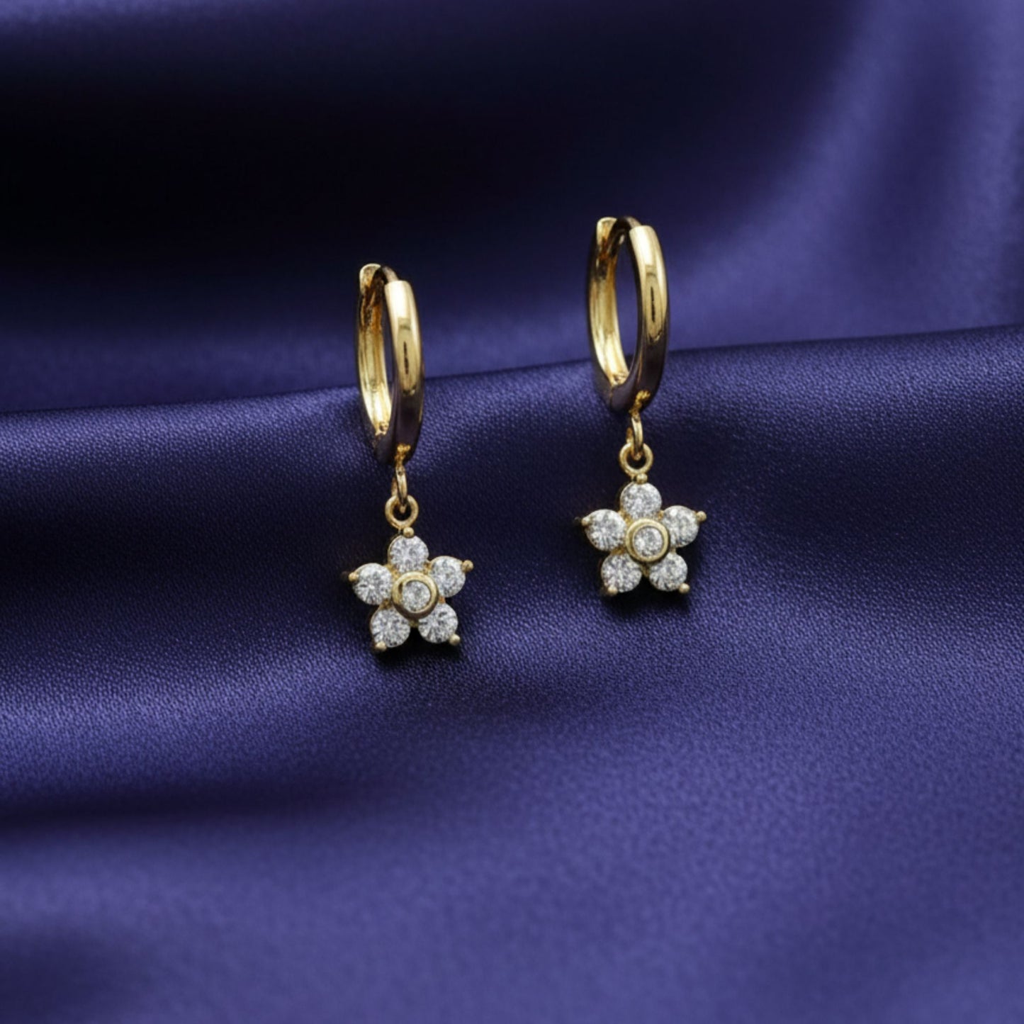 18K Gold Plated White Zircon Flower Drop Huggie Earrings