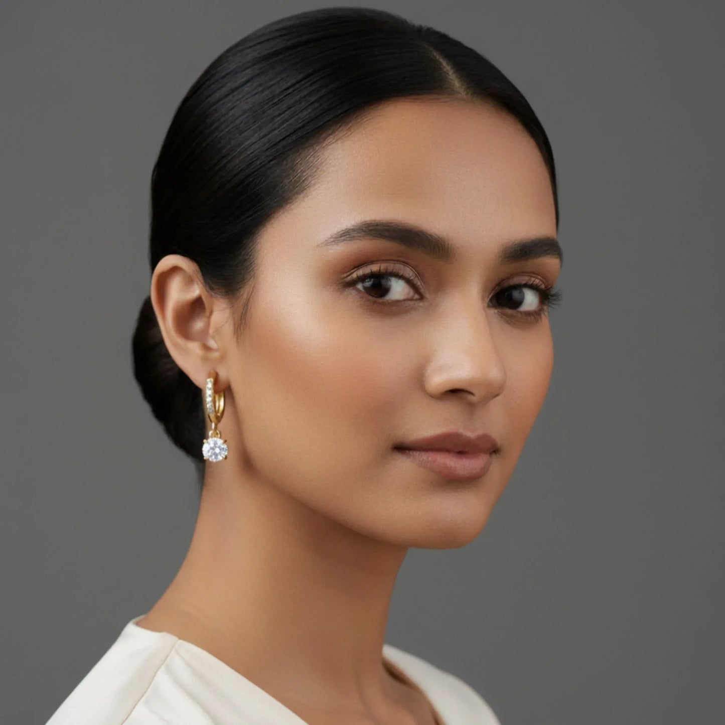 18K Gold Plated Classic Round White Zircon Drop Huggie Earrings - RACHIVA