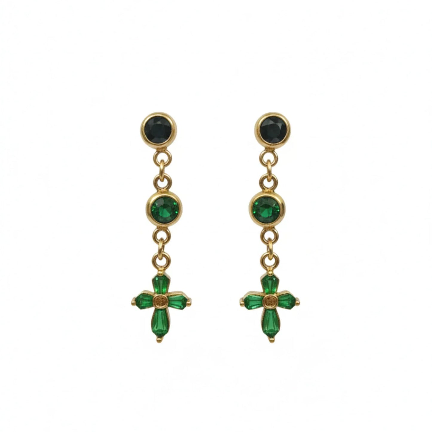 18K Gold Plated Green Stone Cross Drop Earrings - RACHIVA