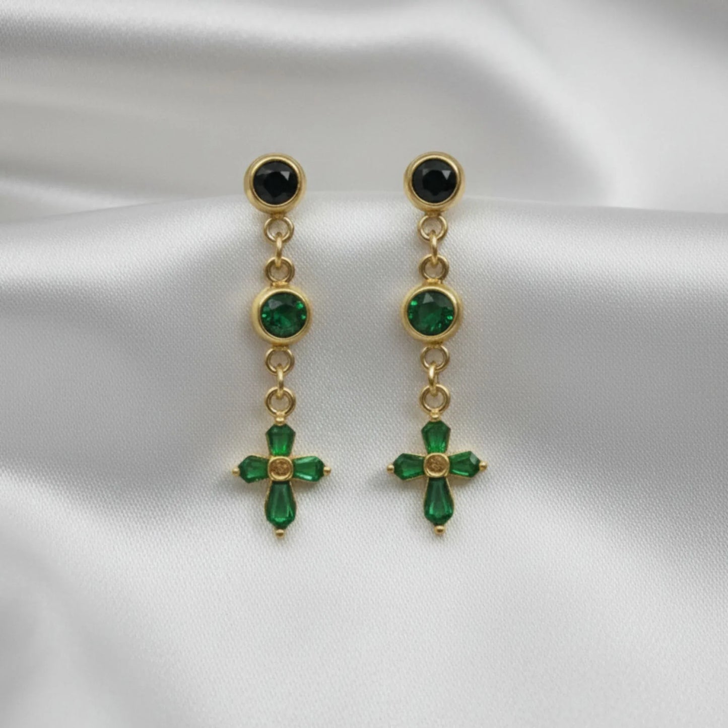 18K Gold Plated Green Stone Cross Drop Earrings - RACHIVA