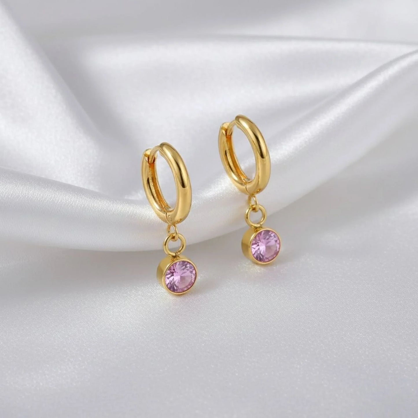 18K Gold Plated Pink Zircon Drop Hoop Earrings - RACHIVA