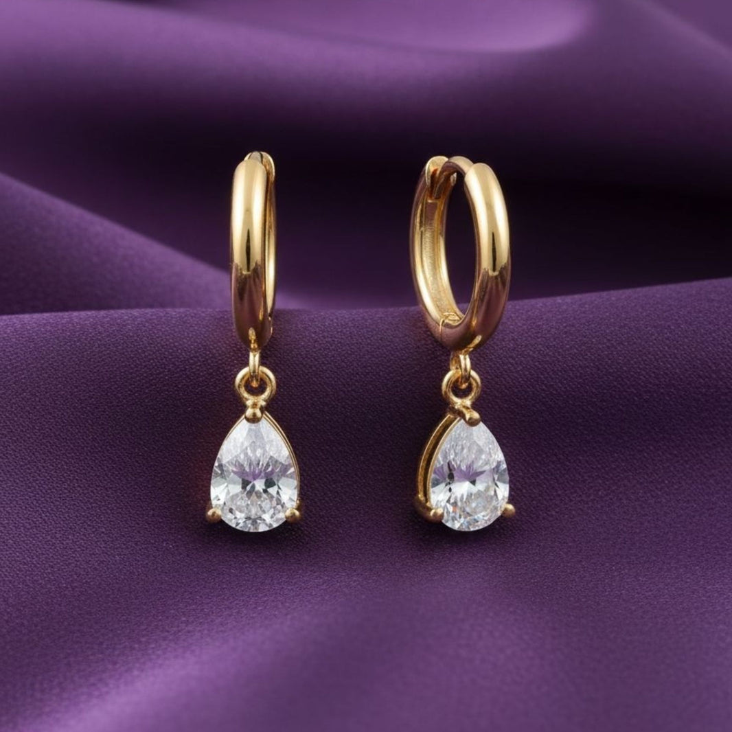 18K Gold Plated White Zircon Pear Drop Hoop Earrings