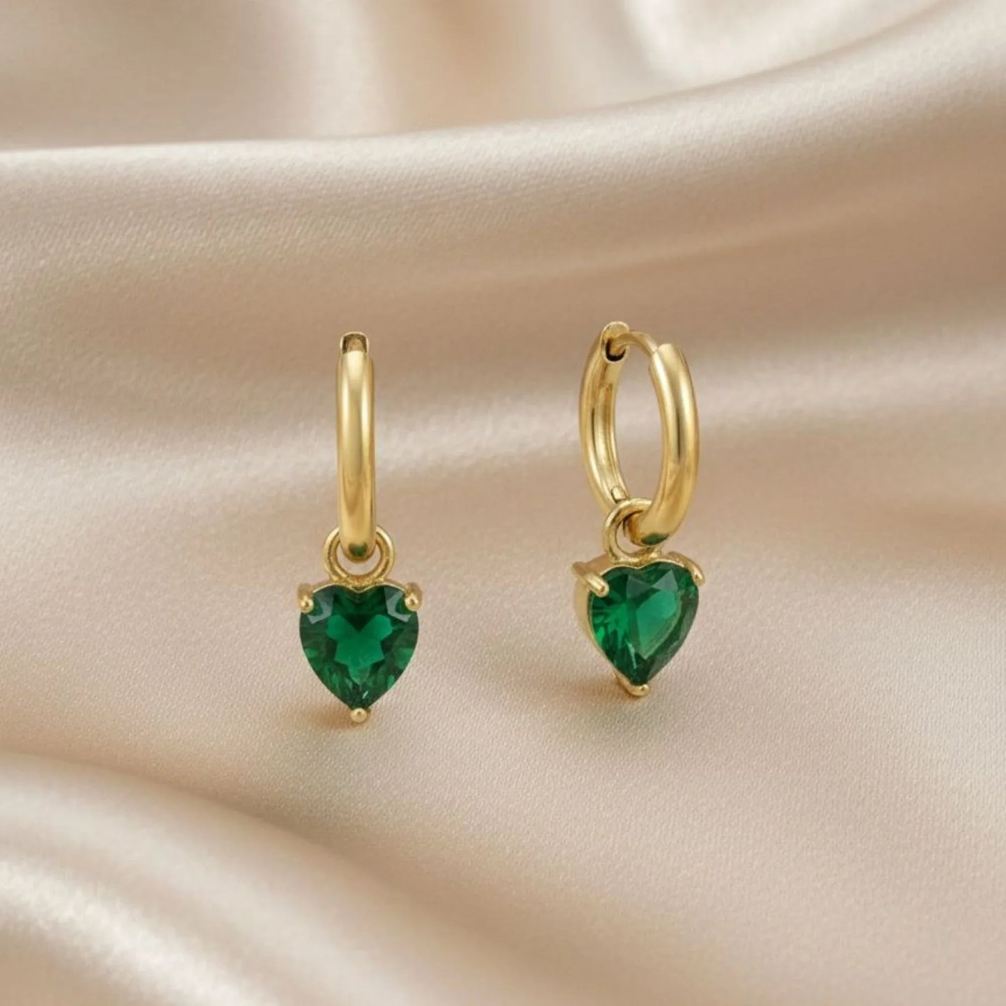 18K Gold Plated Green Heart Drop Hoop Earrings - RACHIVA