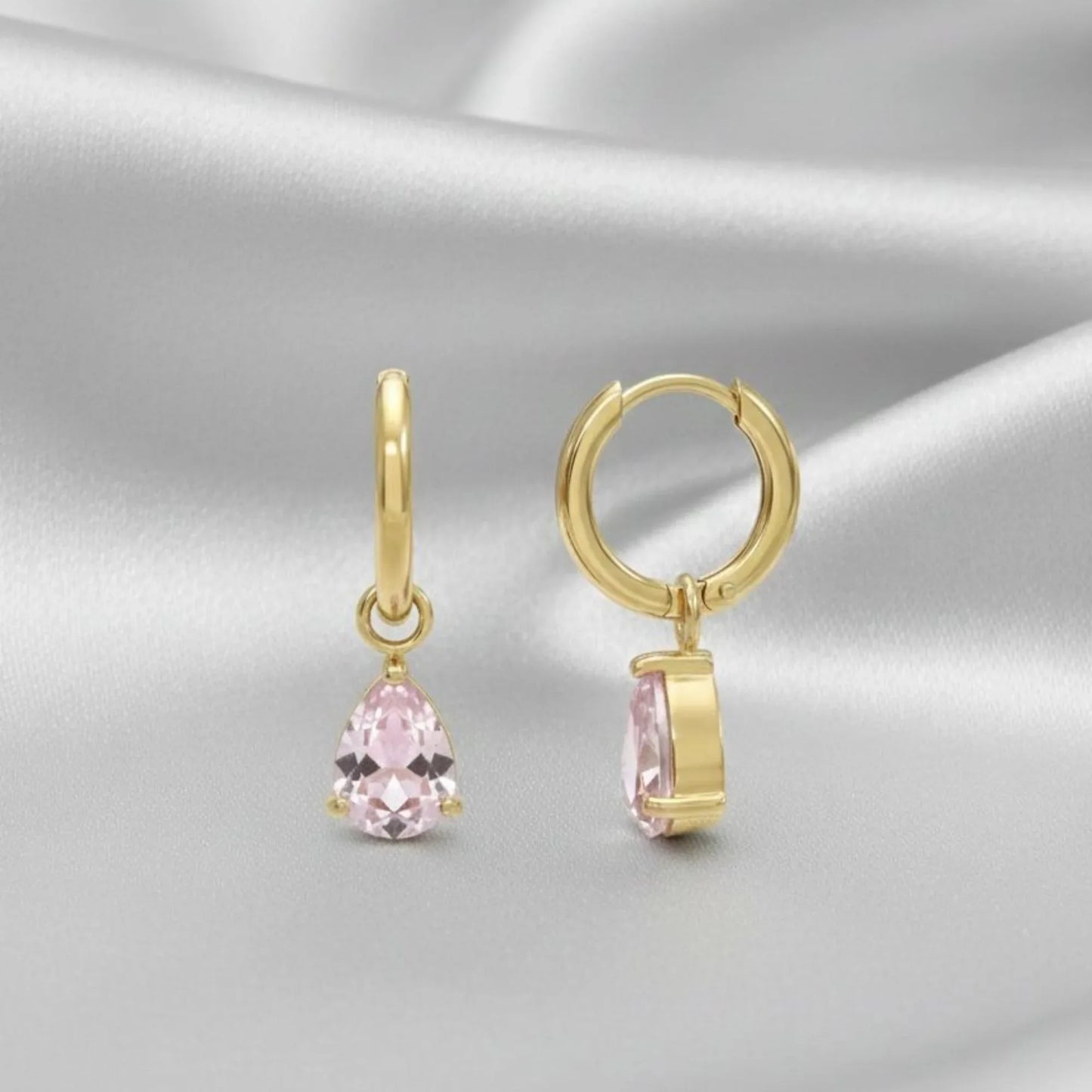18K Gold Plated Pink Teardrop Zircon Hoop Earrings - RACHIVA