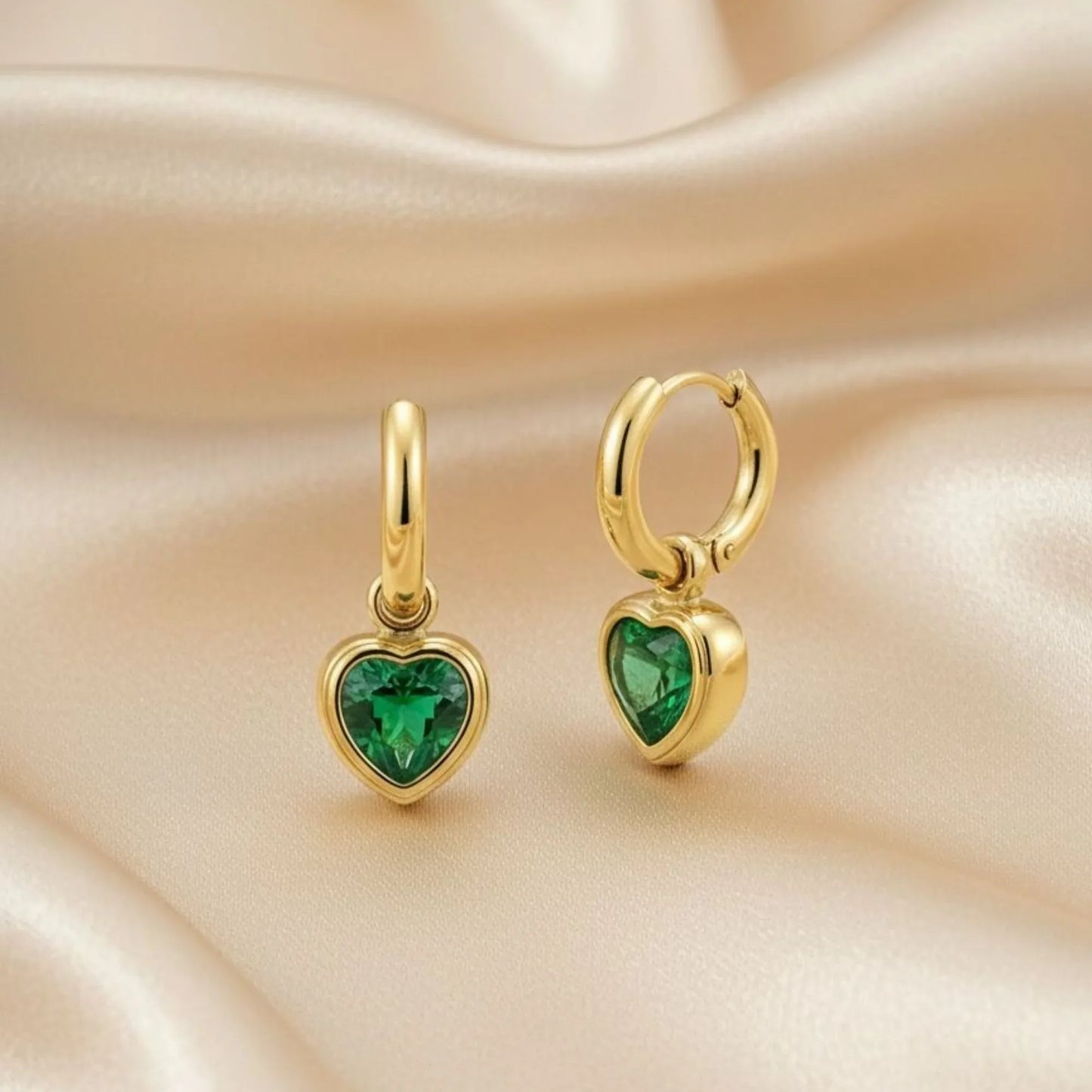 18K Gold Plated Green Zircon Heart Drop Hoop Earrings - RACHIVA