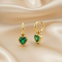 18K Gold Plated Green Zircon Heart Drop Hoop Earrings - RACHIVA
