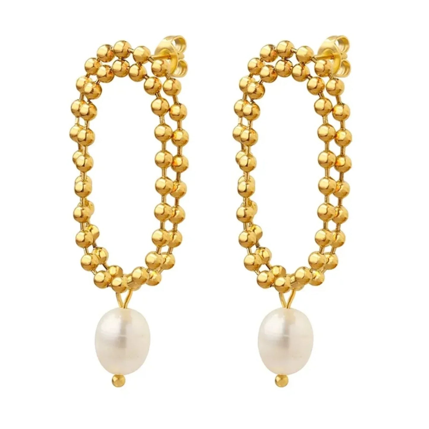 18K Gold Plated Beaded Oval Pearl Drop Earrings - RACHIVA