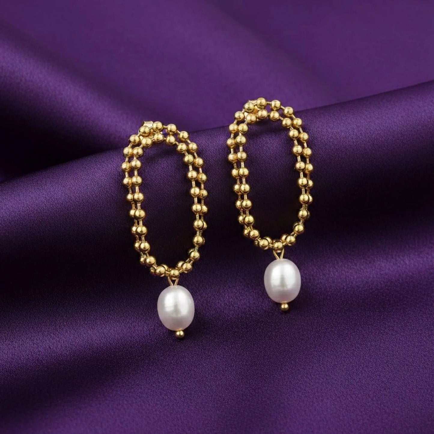 18K Gold Plated Beaded Oval Pearl Drop Earrings - RACHIVA