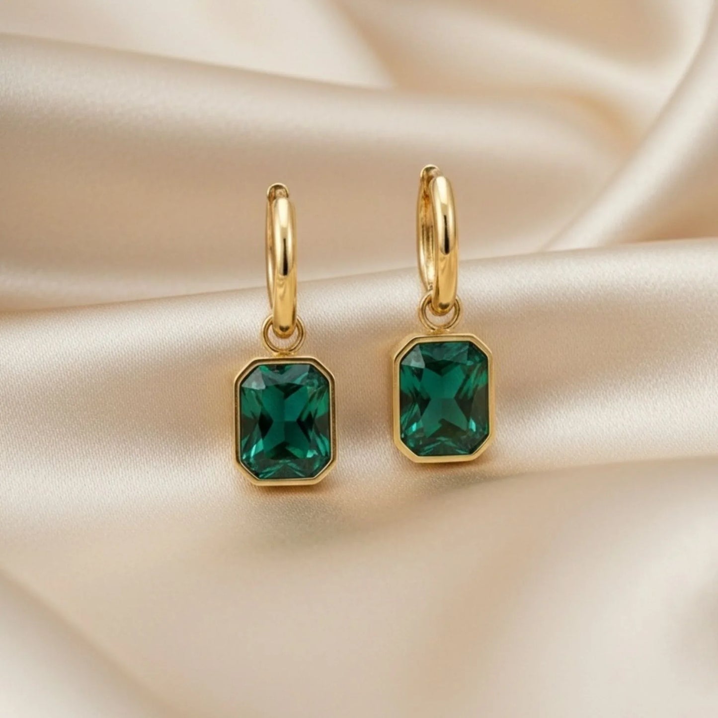 18K Gold Plated Emerald Zircon Drop Hoop Earrings - RACHIVA