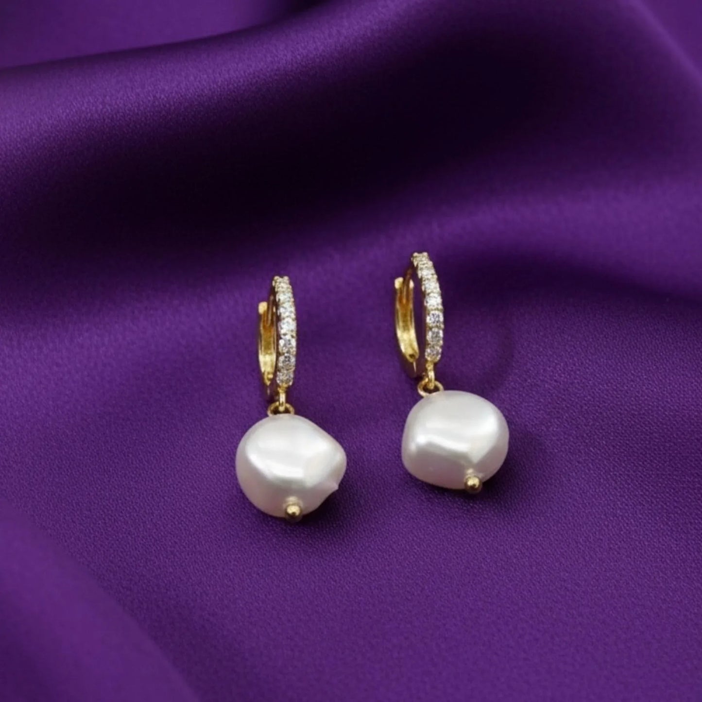 18K Gold Plated Pearl Zircon Drop Hoop Earrings - RACHIVA