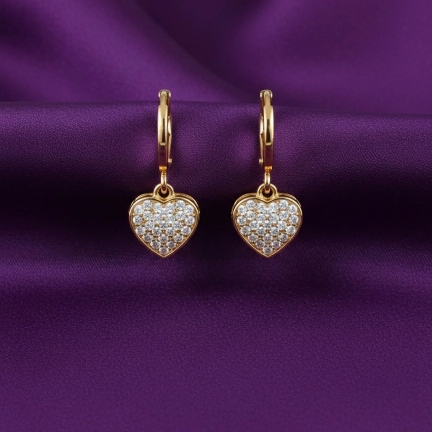 18K Gold Plated Pave Heart Zircon Drop Hoop Earrings - RACHIVA