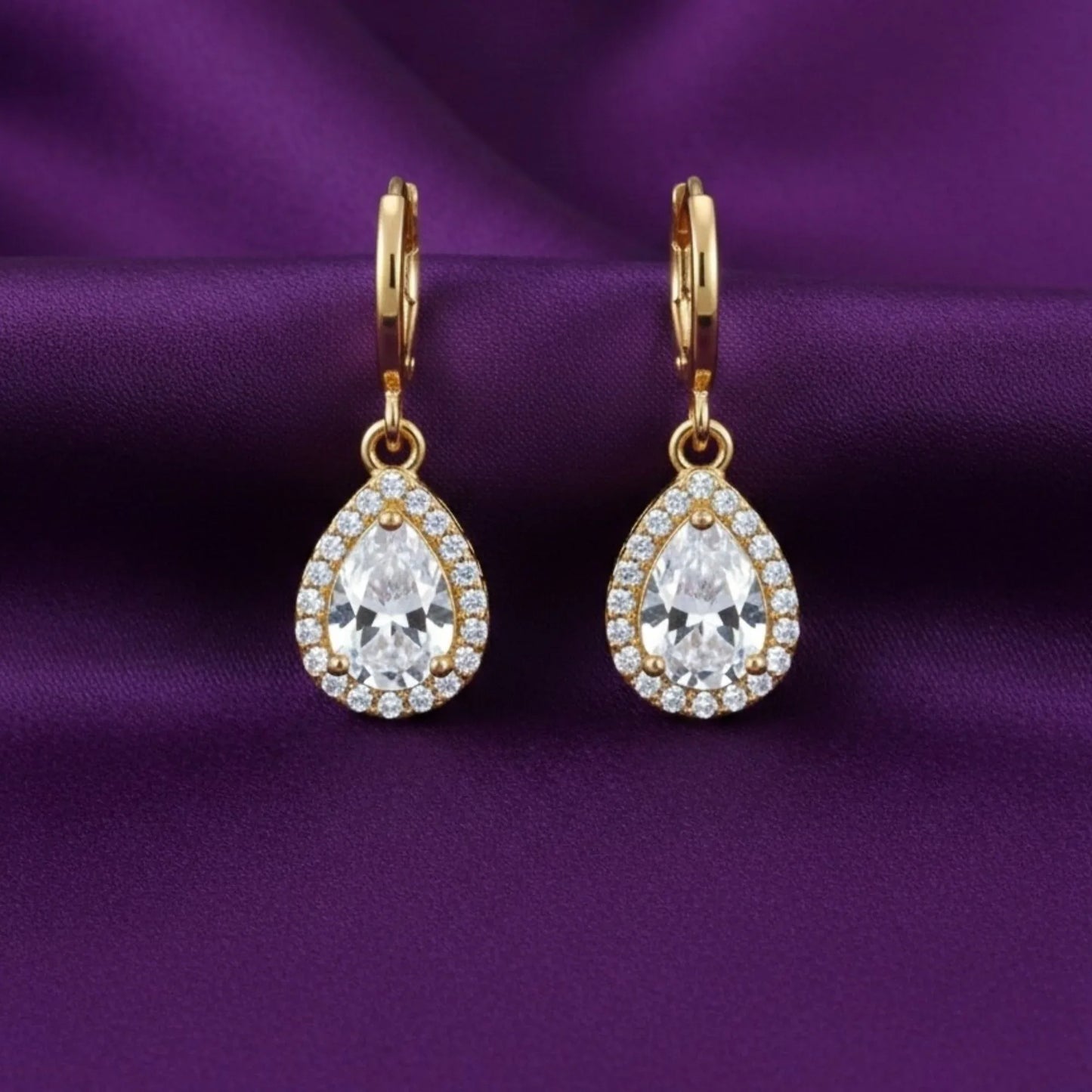 18K Gold Plated Pear Zircon Halo Drop Earrings - RACHIVA