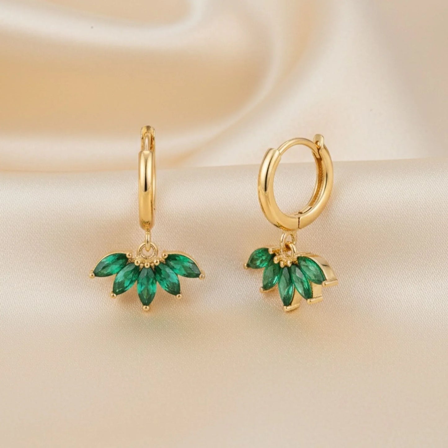 18K Gold Plated Emerald Fan Drop Hoop Earrings - RACHIVA