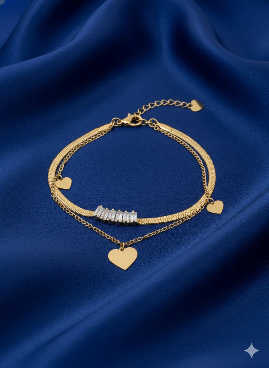 18K Gold Plated Heart Charm Baguette Bracelet - RACHIVA