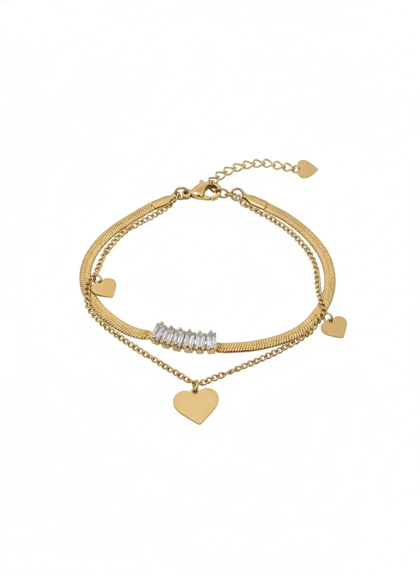 18K Gold Plated Heart Charm Baguette Bracelet - RACHIVA
