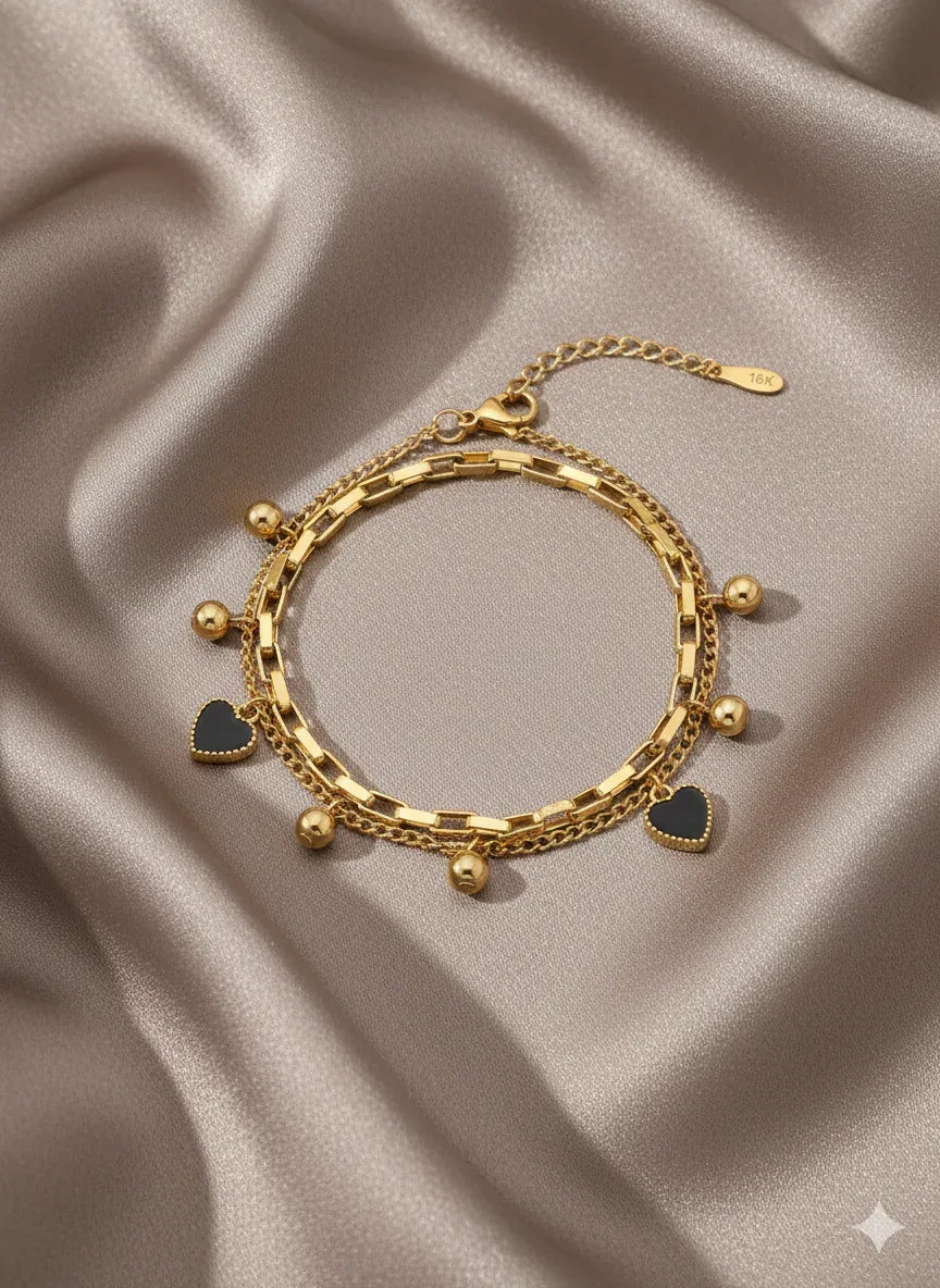 18K Gold Plated Black Heart Charm Bracelet - RACHIVA
