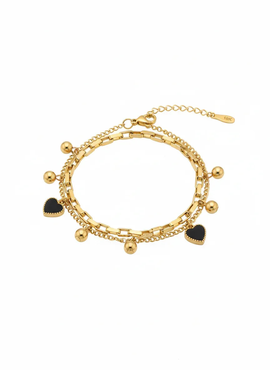 18K Gold Plated Black Heart Charm Bracelet - RACHIVA