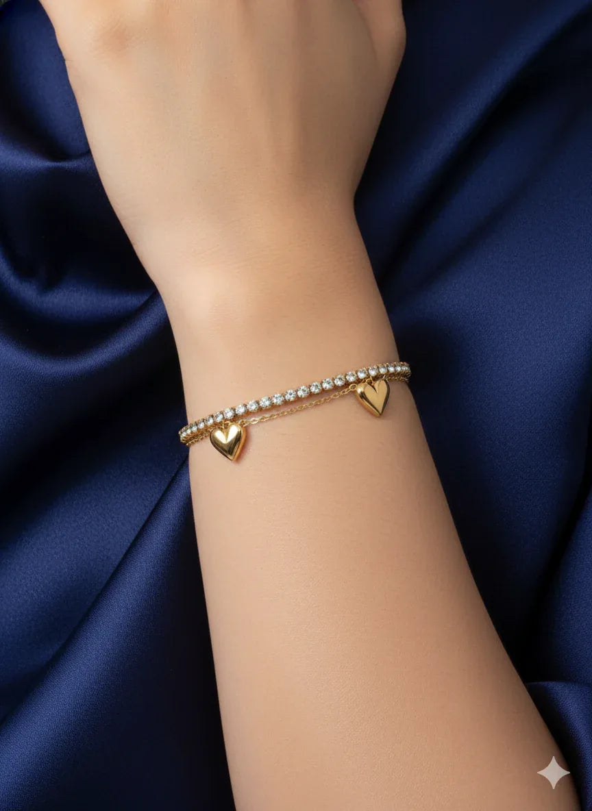 18K Gold Plated Dual Heart Tennis Bracelet - RACHIVA