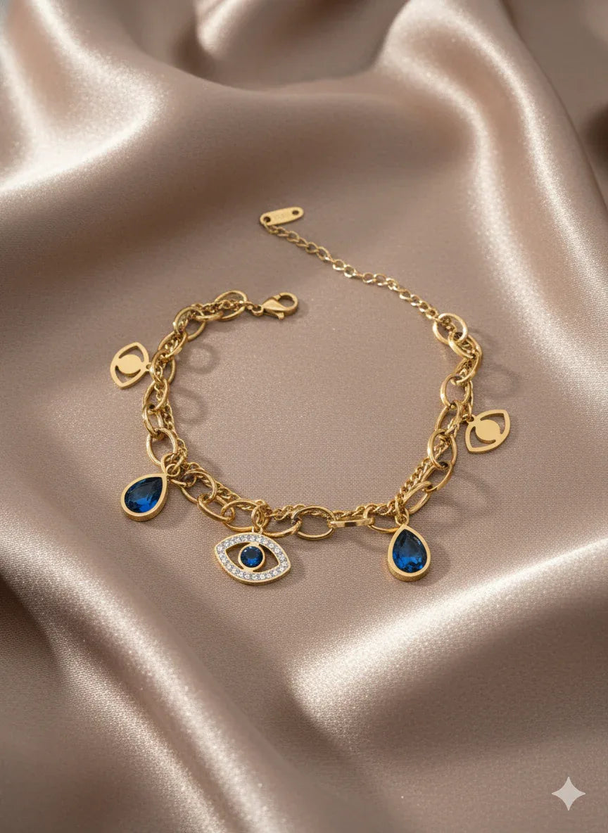 18K Gold Plated Evil Eye Blue Charm Bracelet - RACHIVA