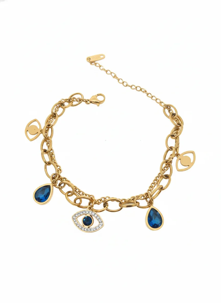 18K Gold Plated Evil Eye Blue Charm Bracelet - RACHIVA