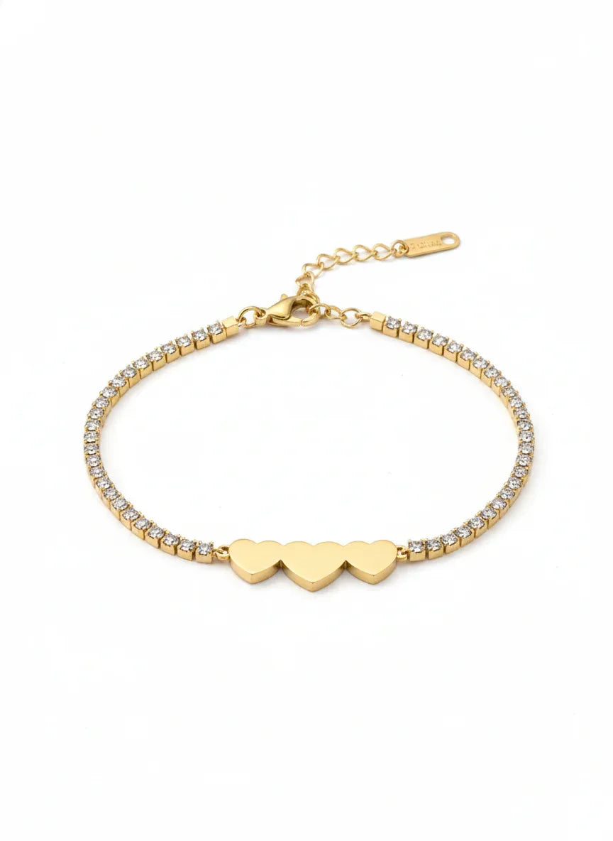 18K Gold Plated Triple Heart Tennis Bracelet - RACHIVA
