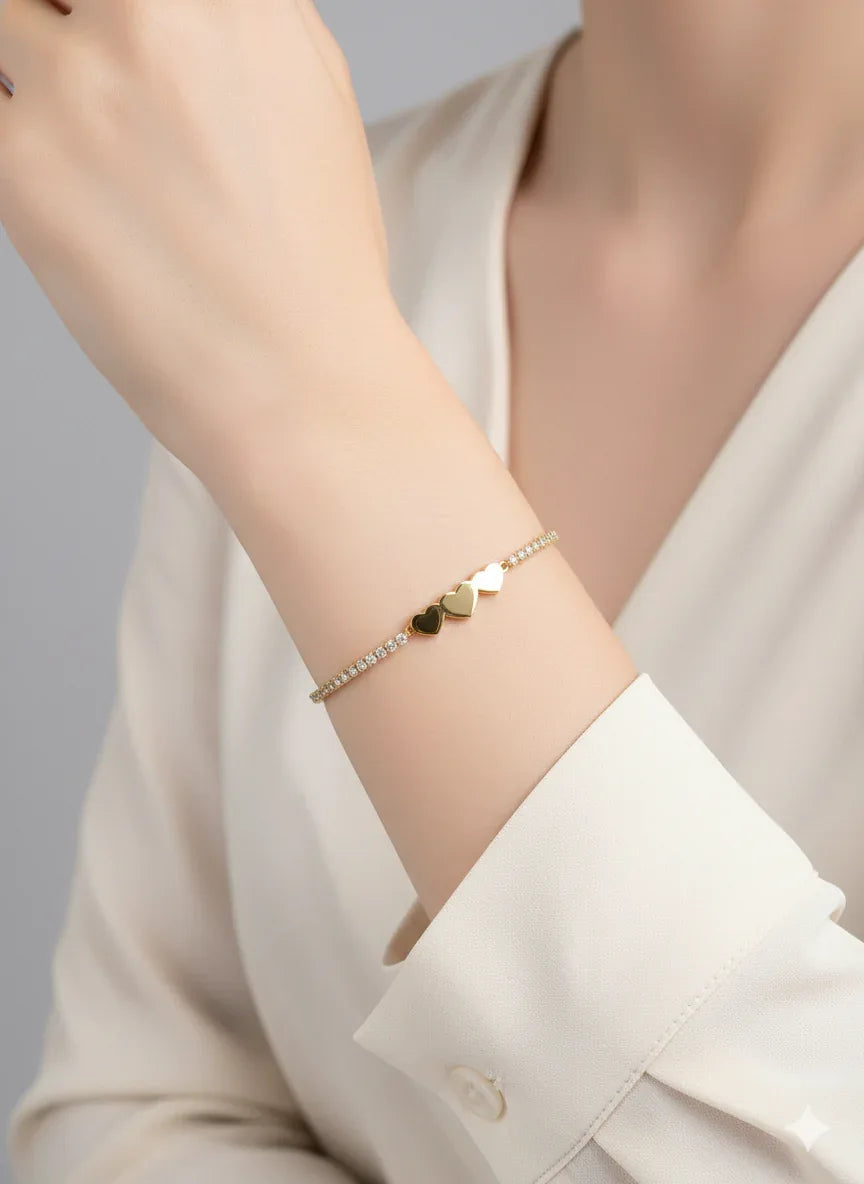 18K Gold Plated Triple Heart Tennis Bracelet - RACHIVA