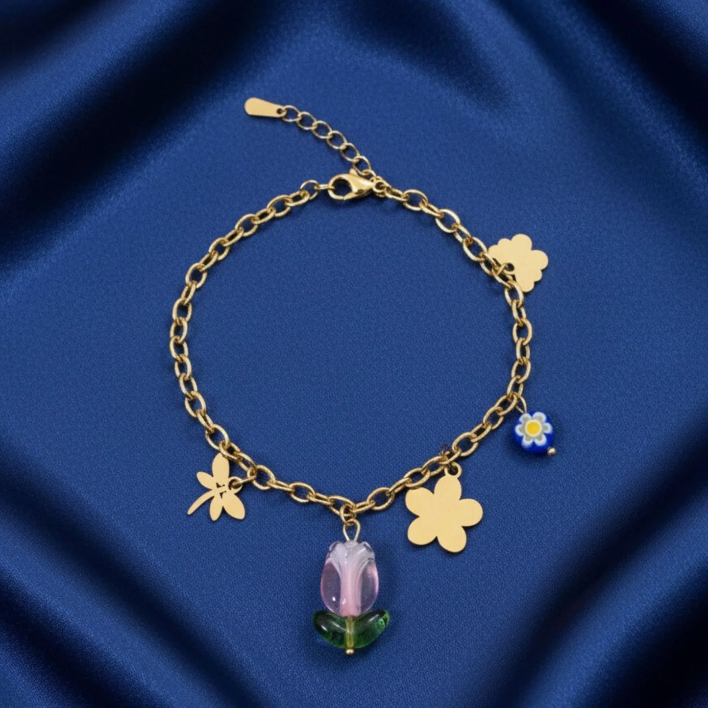 18K Gold Plated Floral Charm Bracelet - RACHIVA