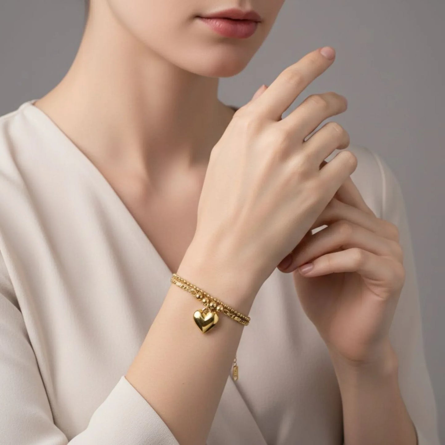 18K Gold Plated Heart Charm Double Chain Bracelet - RACHIVA