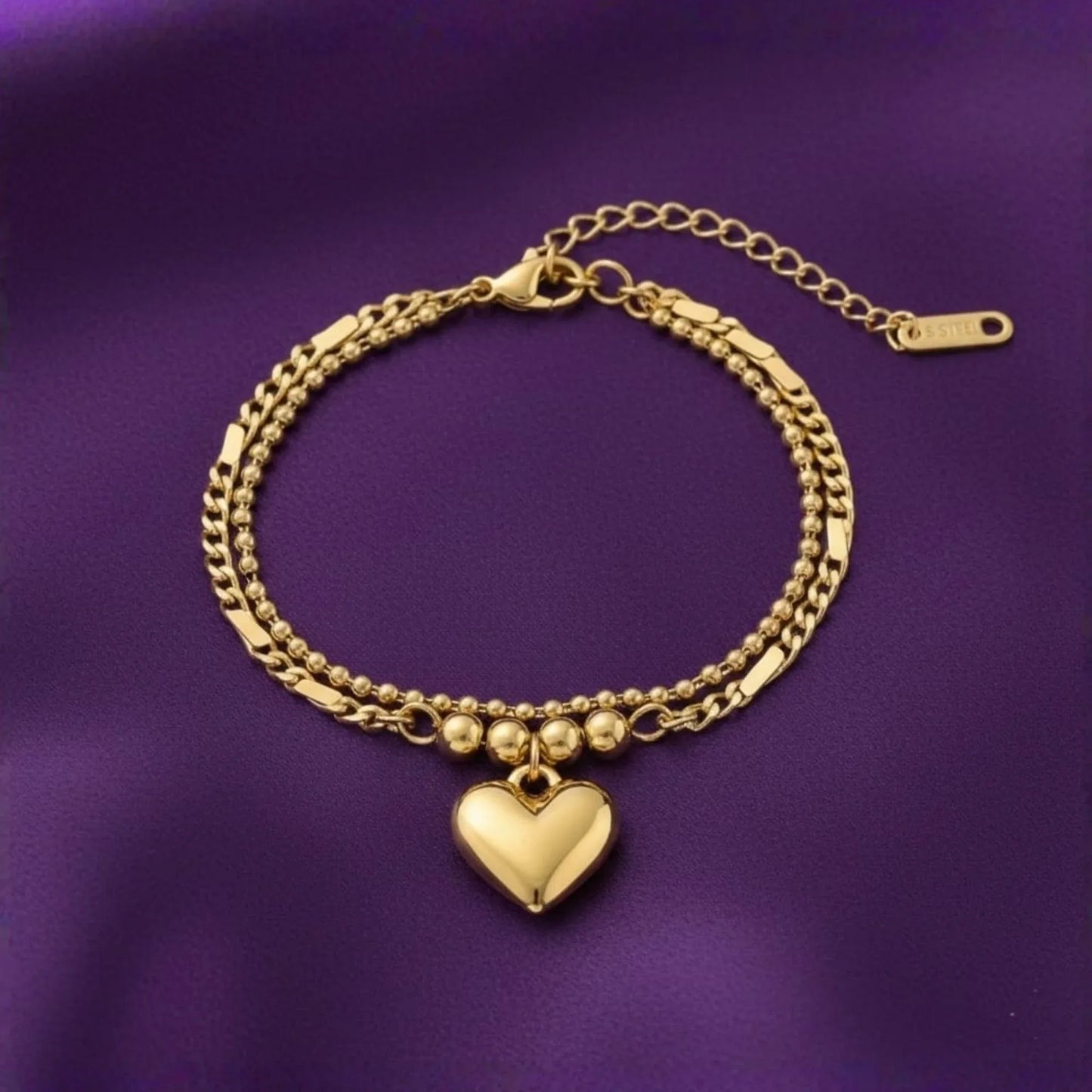18K Gold Plated Heart Charm Double Chain Bracelet - RACHIVA