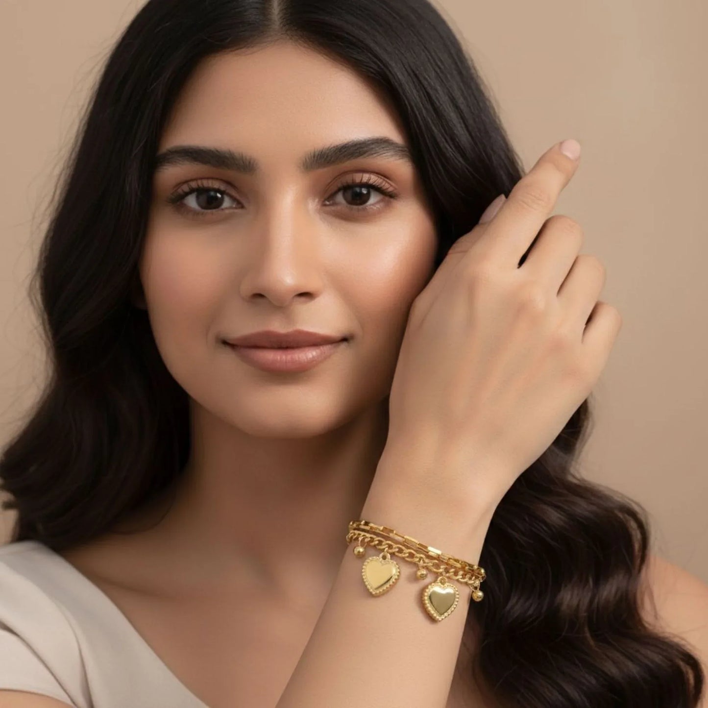 18K Gold Plated Chunky Heart Charm Bracelet - RACHIVA