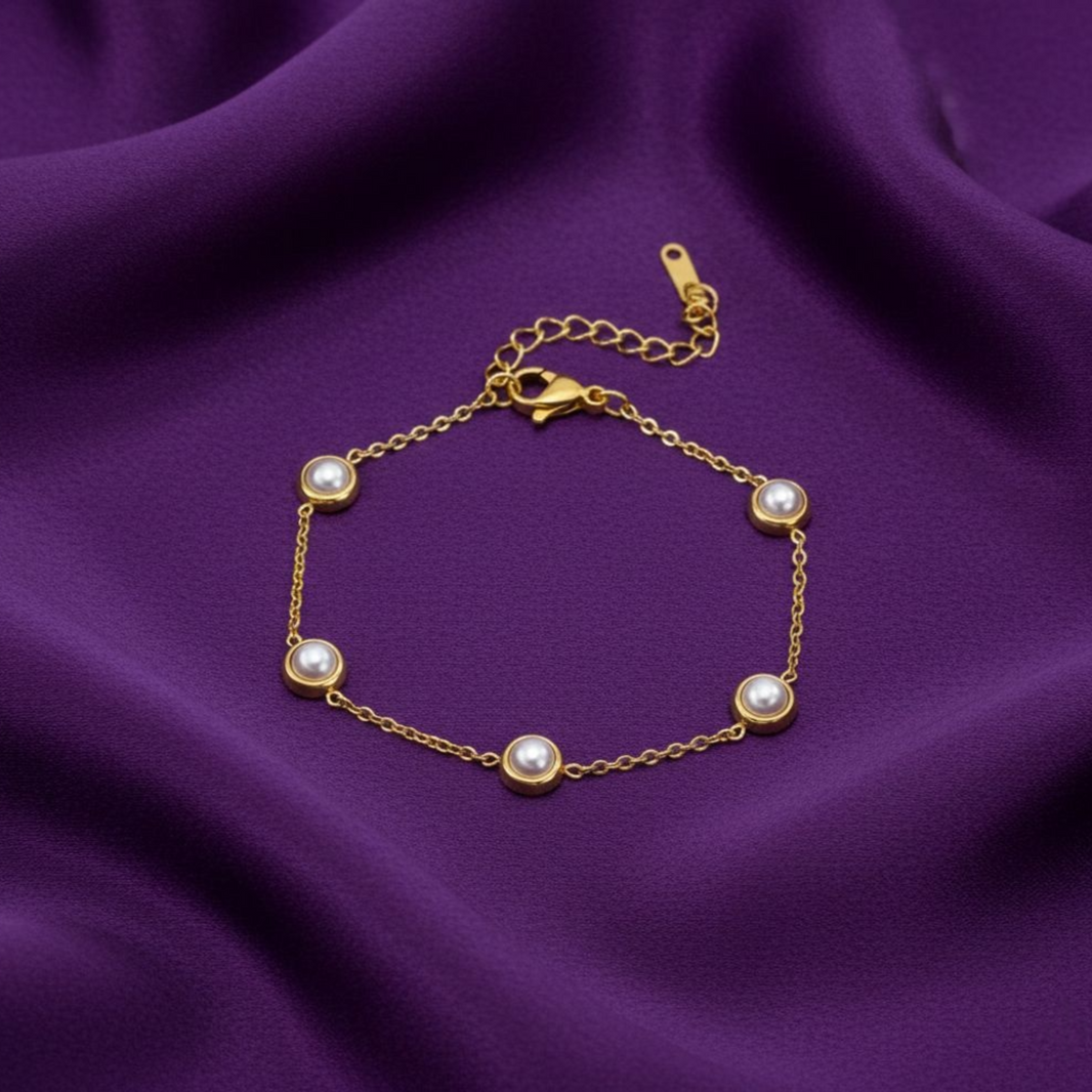 18K Gold Plated Pearl Bezel Station Bracelet