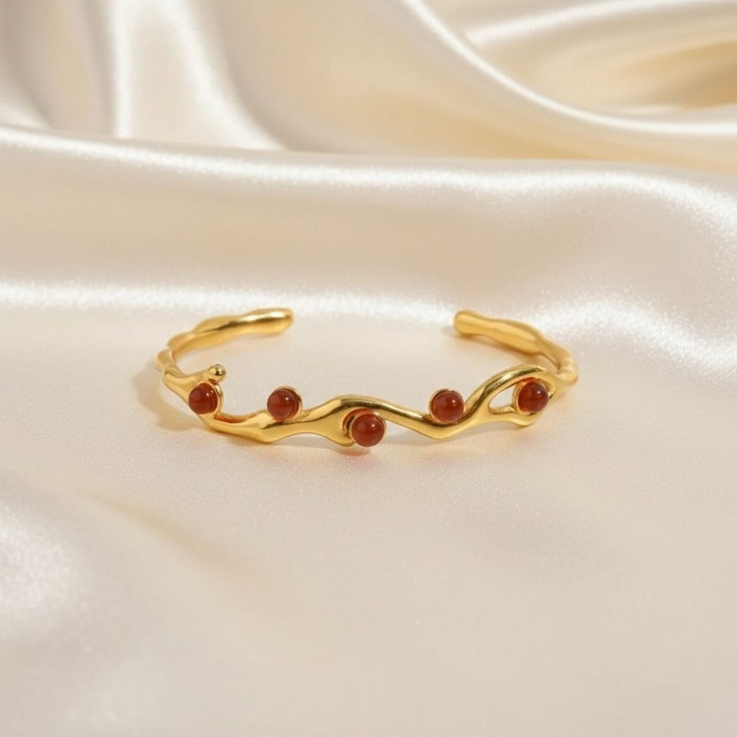 18K Gold Plated Red Stone Organic Open Cuff Bracelet