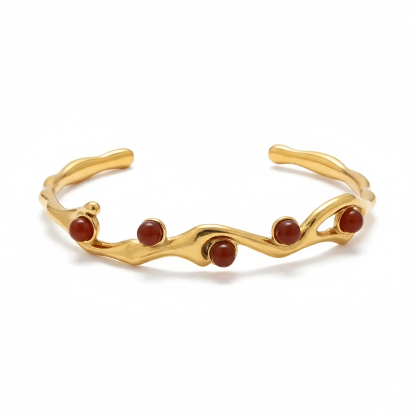 18K Gold Plated Red Stone Organic Open Cuff Bracelet