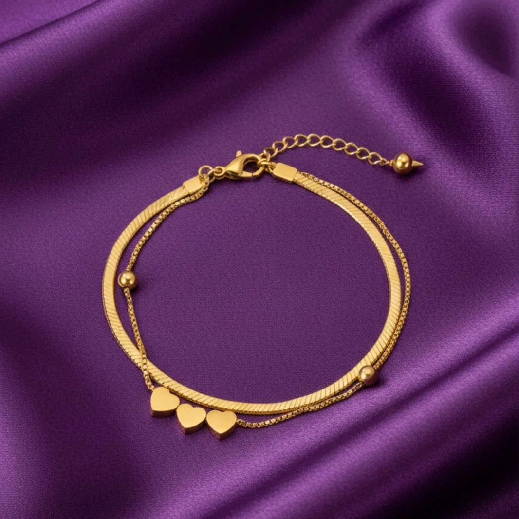 18K Gold Plated Layered Heart Charm Snake & Box Chain Bracelet