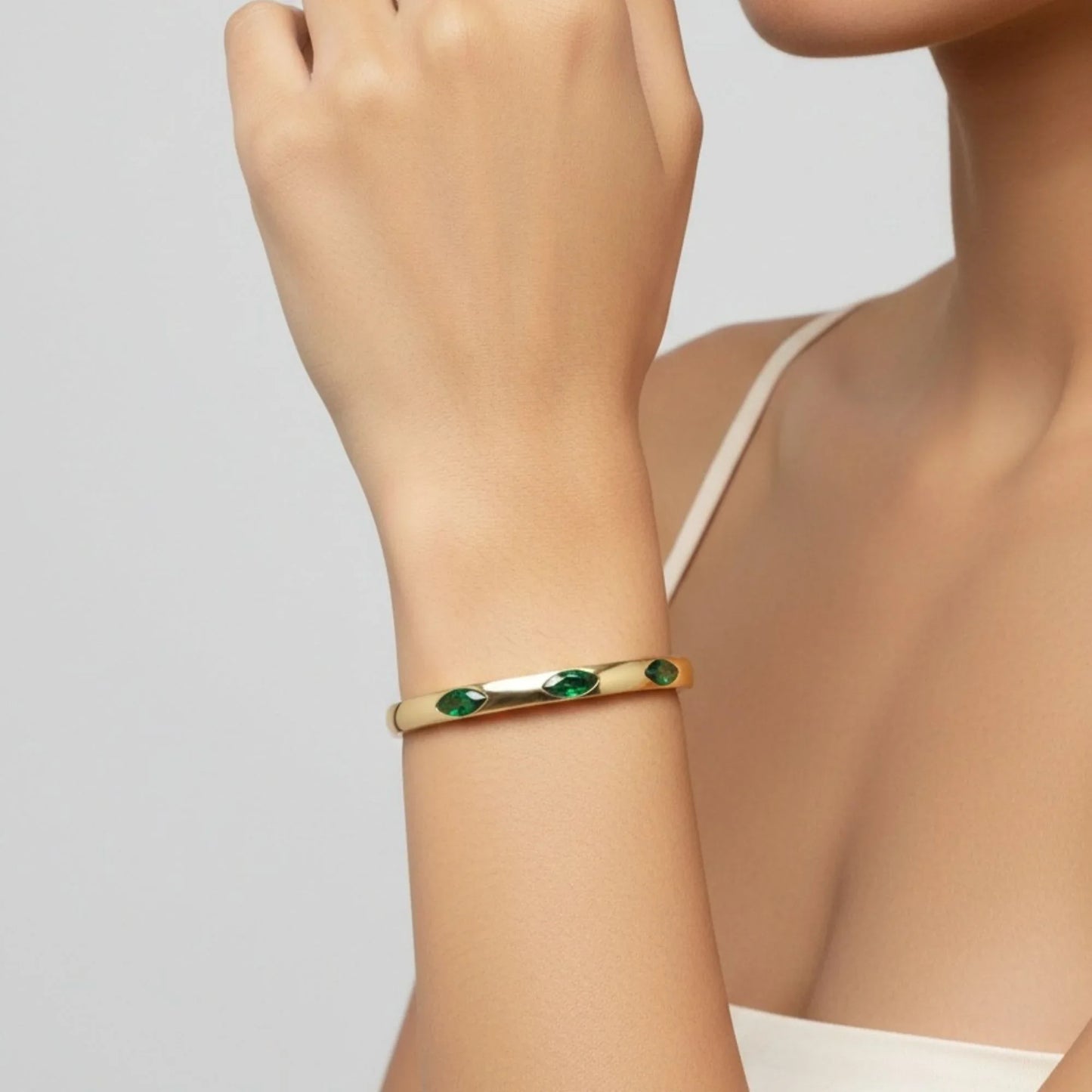 18K Gold Plated Dome Bangle with Emerald Green Marquise CZ - RACHIVA