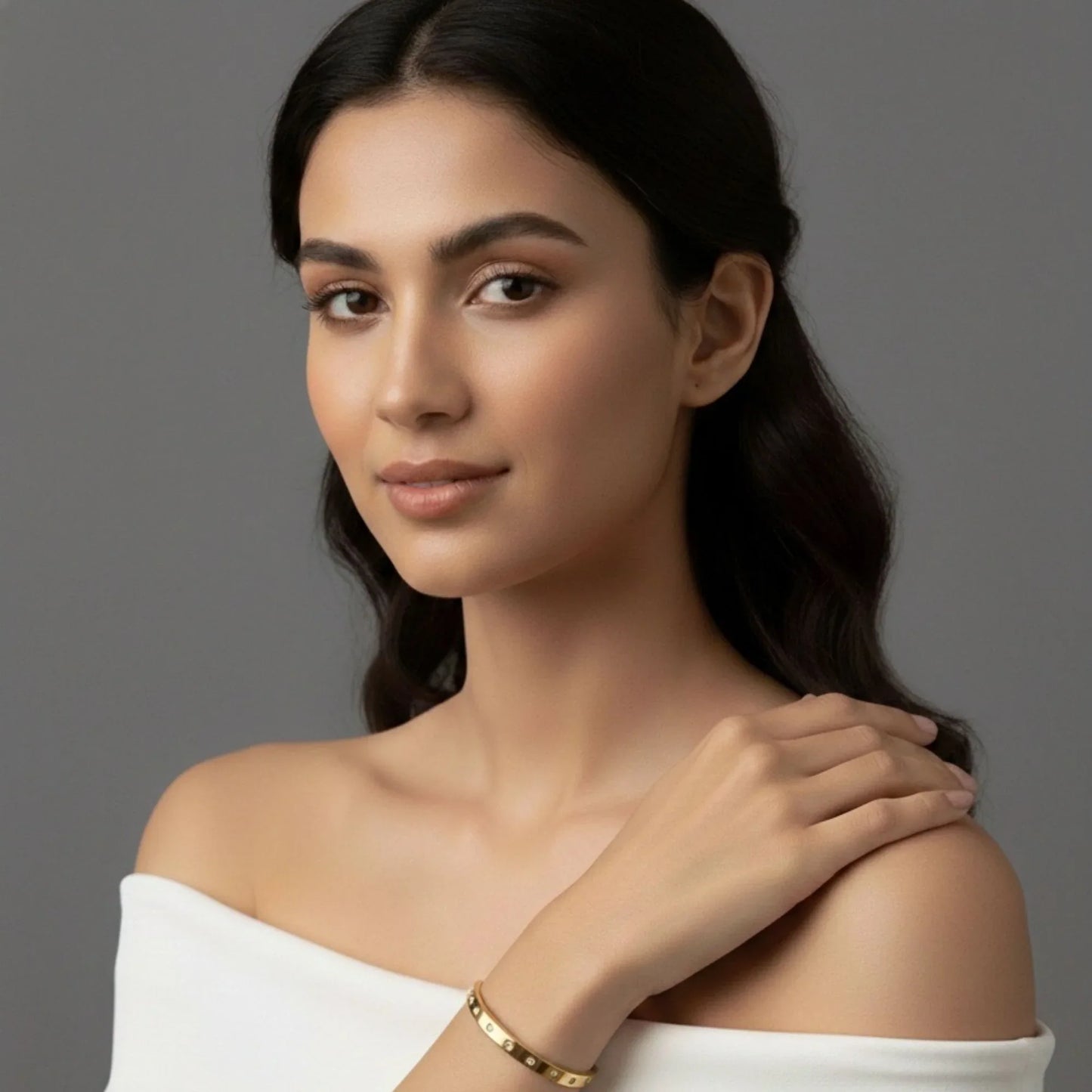 18K Gold Plated Flat Bangle with Scattered CZ Studs - RACHIVA