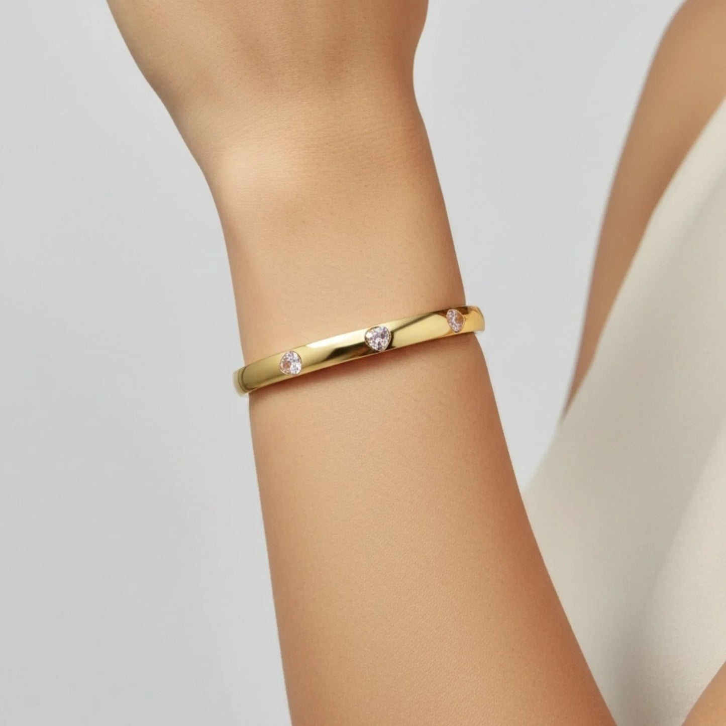 18K Gold Plated Dome Bangle with Pink Heart CZ Stones - RACHIVA