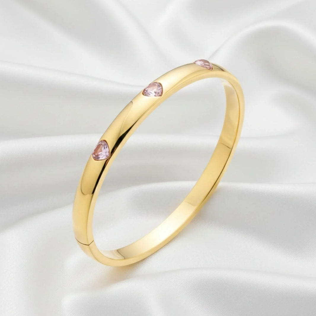 18K Gold Plated Dome Bangle with Pink Heart CZ Stones - RACHIVA