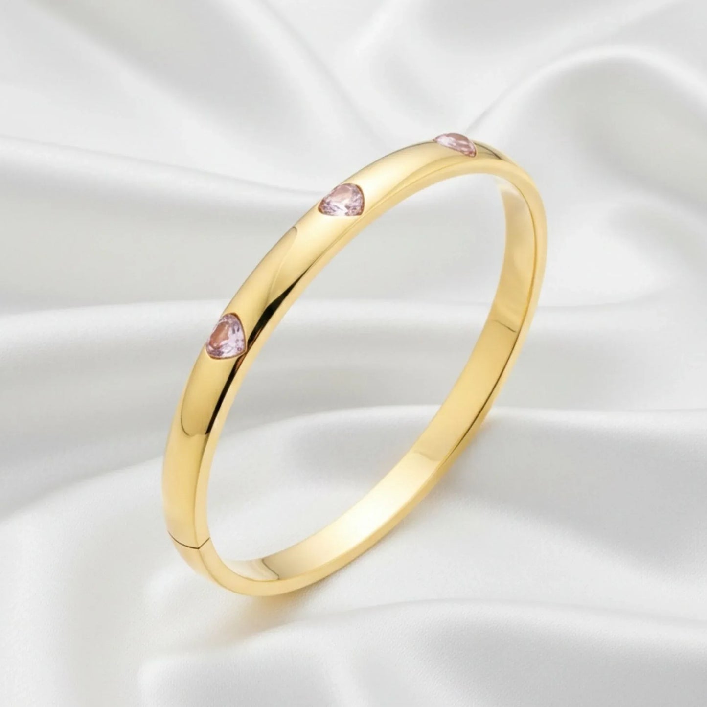 18K Gold Plated Dome Bangle with Pink Heart CZ Stones - RACHIVA