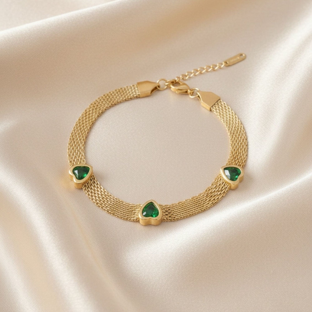 18K Gold Plated Gold Mesh Chain Bracelet with Emerald Green Heart CZ