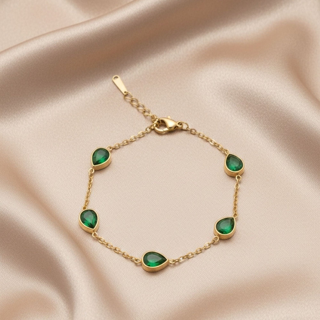 18K Gold Plated Emerald Green Teardrop CZ Station Bracelet
