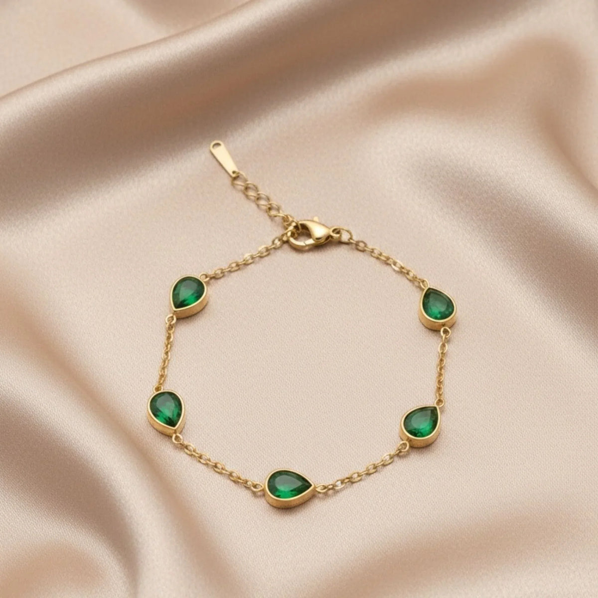 18K Gold Plated Emerald Green Teardrop CZ Station Bracelet - RACHIVA