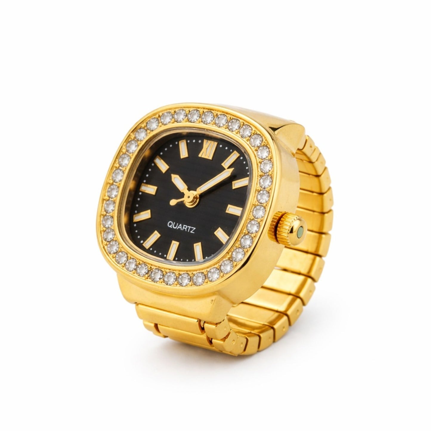 18K Gold Plated Zircon Black Dial Ring Watch