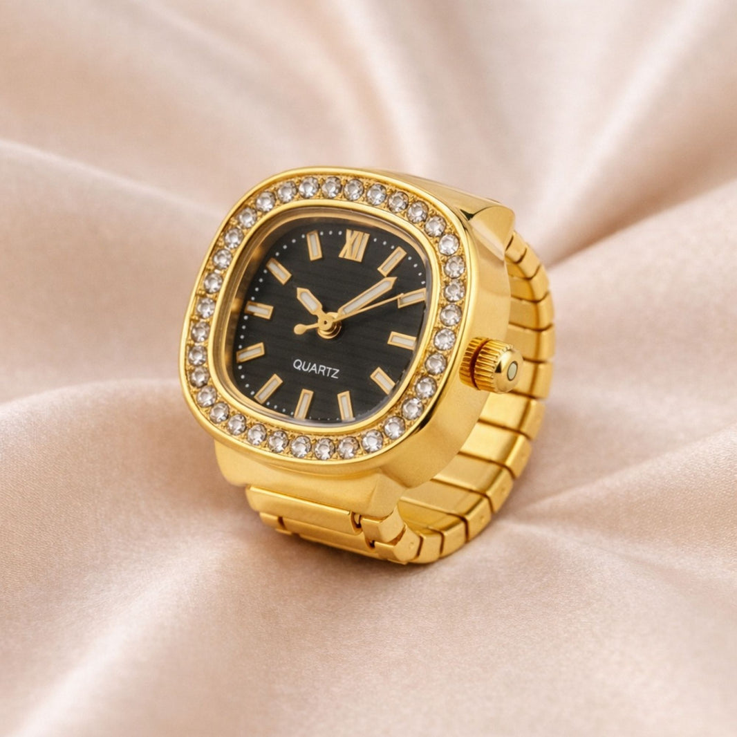 18K Gold Plated Zircon Black Dial Ring Watch