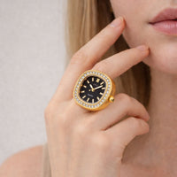 18K Gold Plated Zircon Black Dial Ring Watch
