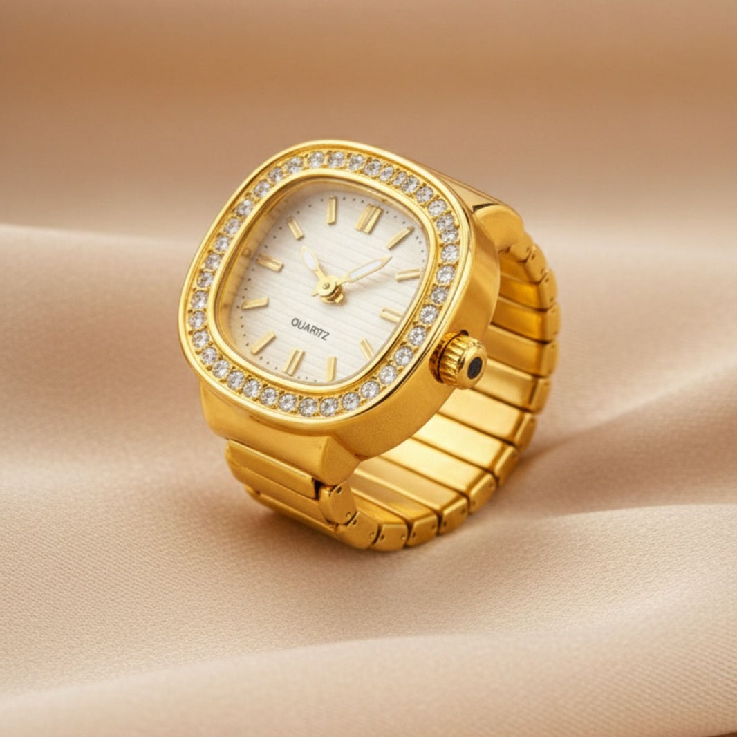 18K Gold Plated Zircon Square Dial Ring Watch